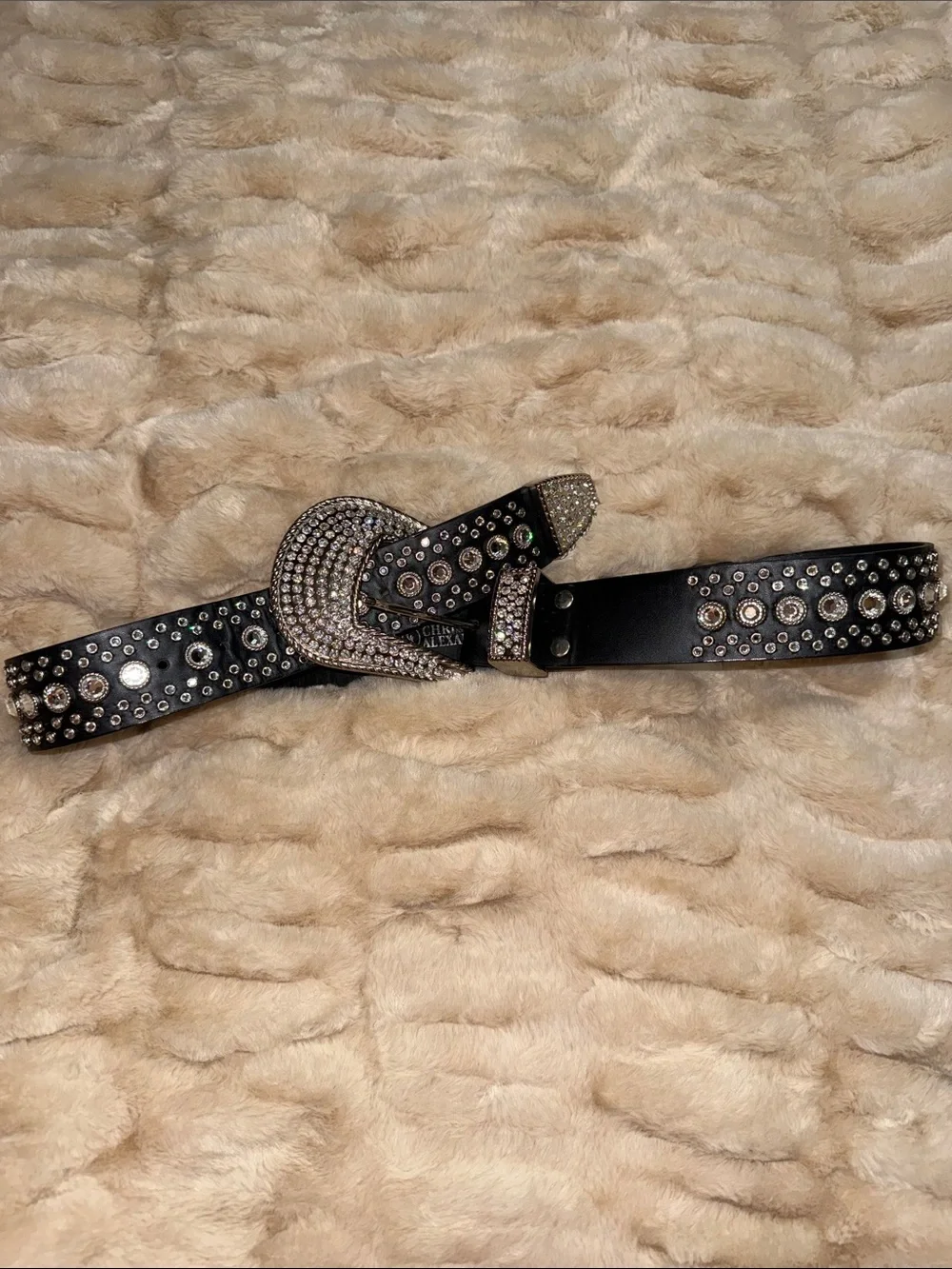 Christine Alexander Black Leather Belt with Crystal Buckle and Stud Accents